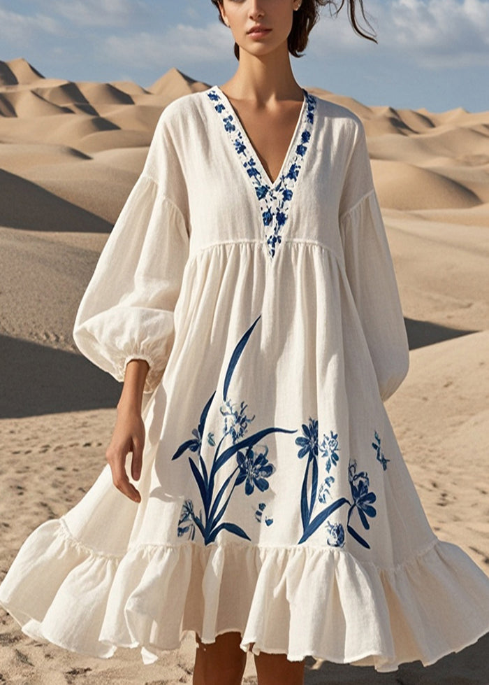 Beautiful White Oversized Print Cotton Dress Bracelet Sleeve