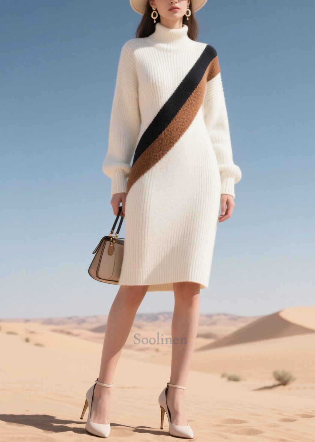 Beautiful White Patchwork Thick Sweater Dress Winter