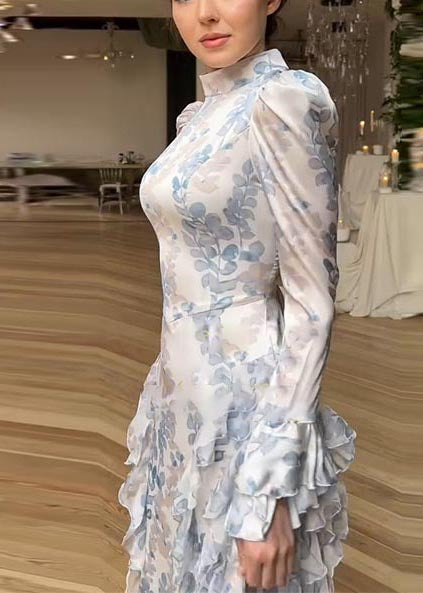 Beautiful White Print Ruffles Chiffon Long Dresses Spring