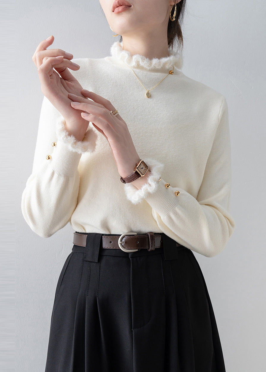 Beautiful White Ruffled Patchwork Faux Fur Sweaters Winter
