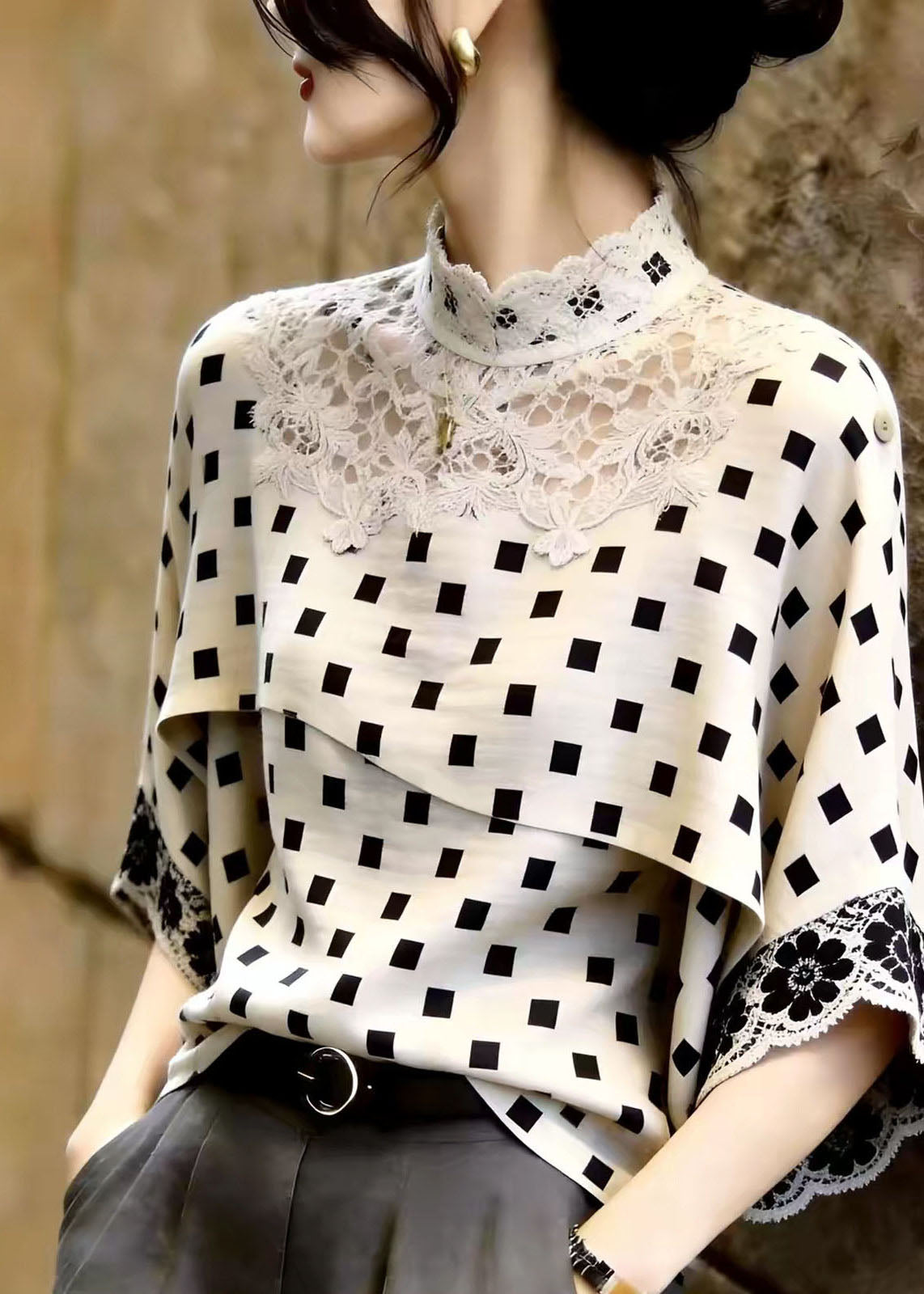 Beautiful White Stand Collar Patchwork Lace Shirt Tops Summer