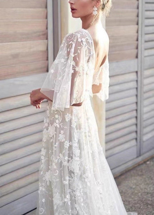 Beautiful White V Neck Backless Tulle Lace Long Dress Summer