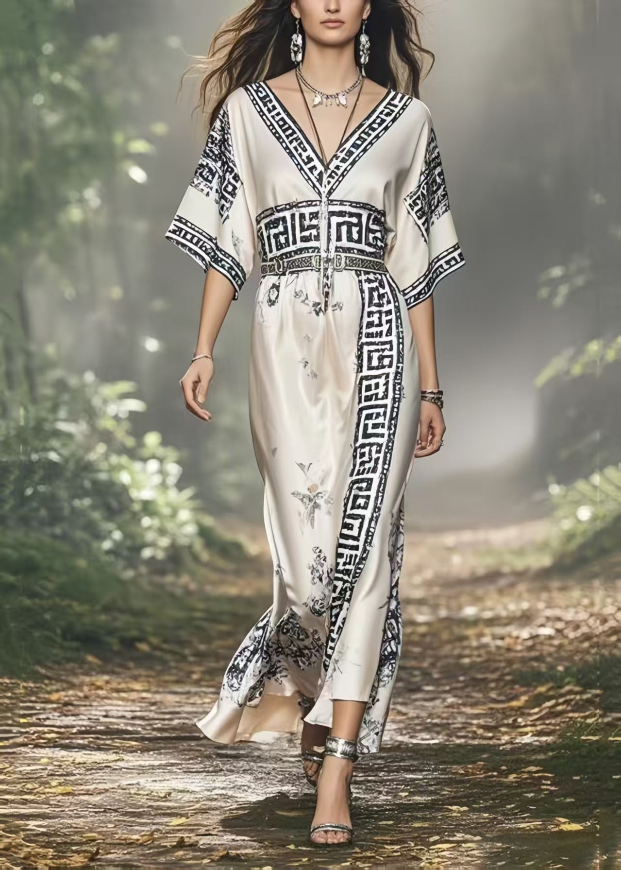 Beautiful White V Neck Print Silk Vacation Dresses Summer