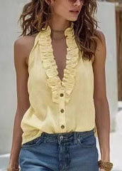 Beautiful White V Neck Ruffled Cotton Tank Tops Sleeveless