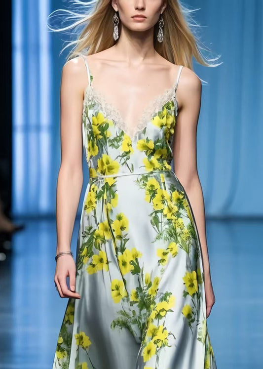 Beautiful Yellow Floral Patchwork Lace Spaghetti Strap Sundress Summer