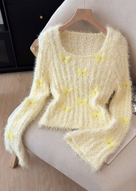 Beautiful Yellow Square Collar Butterfly Knit Sweaters Winter
