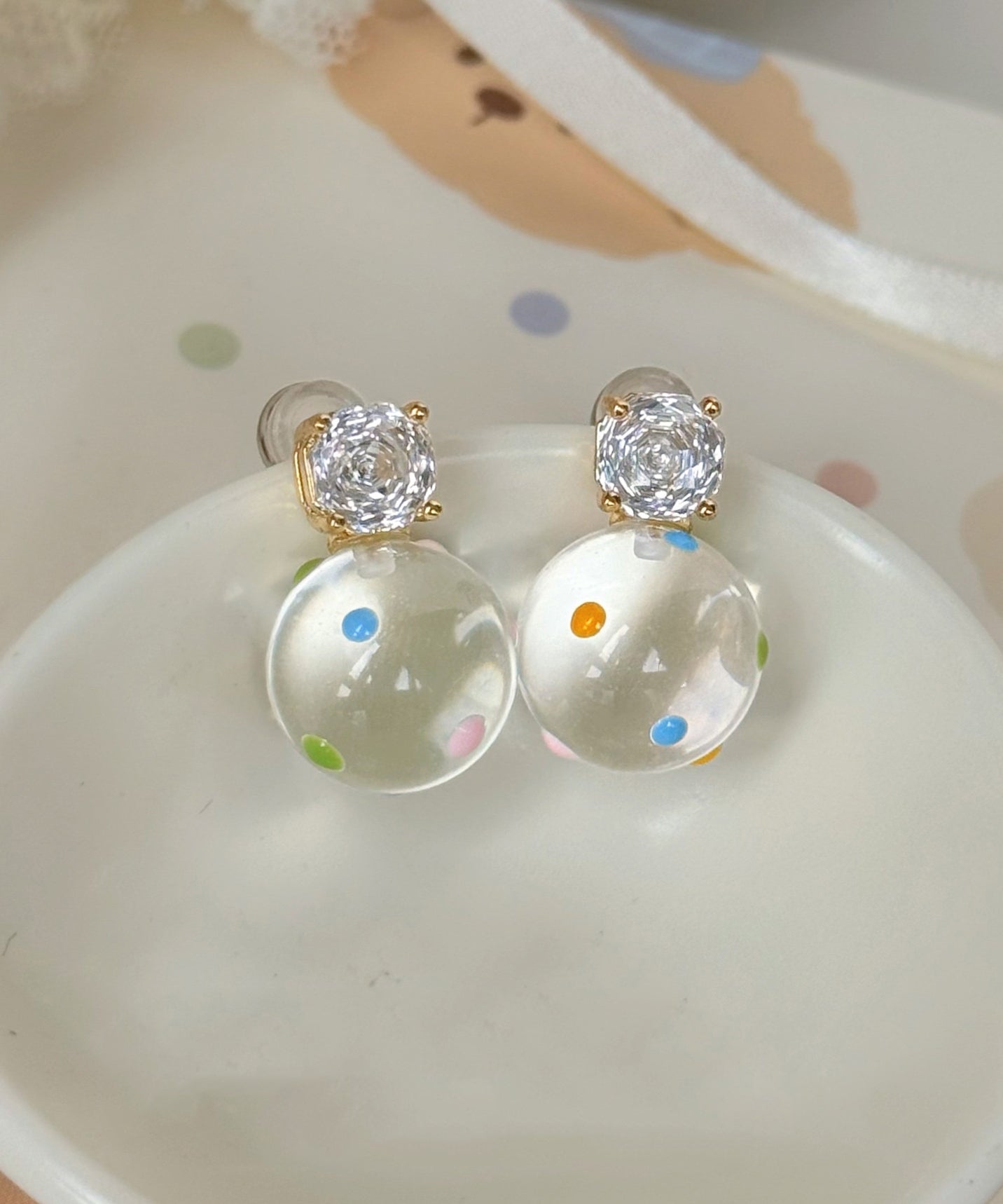 Beautiful Zircon Alloy Glass Beads Colorful Dots Drop Earrings