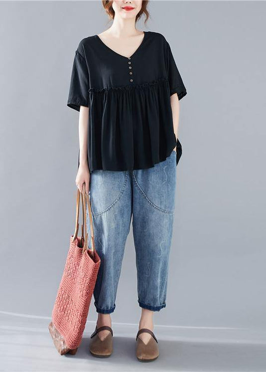 Beautiful black Blouse v neck Cinched Dresses blouse - SooLinen