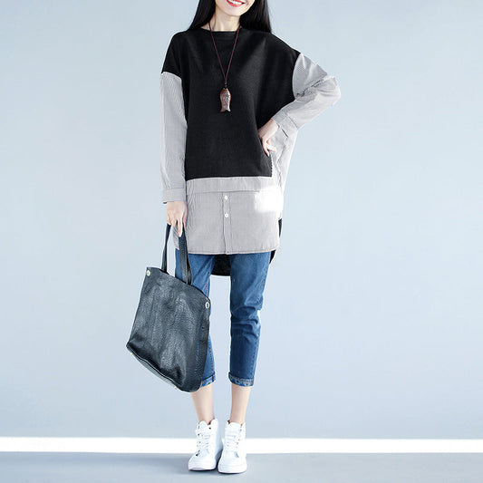 Beautiful black cotton blouses for women Vintage Outfits spring Dresses false two pieces shirts