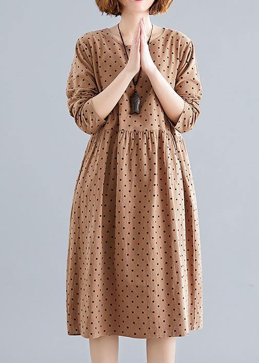 Beautiful khaki dotted Cotton quilting dresses o neck Cinched oversized spring Dress - SooLinen