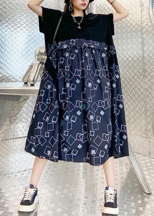 Beautiful o neck patchwork summer dress black print long Dress - SooLinen