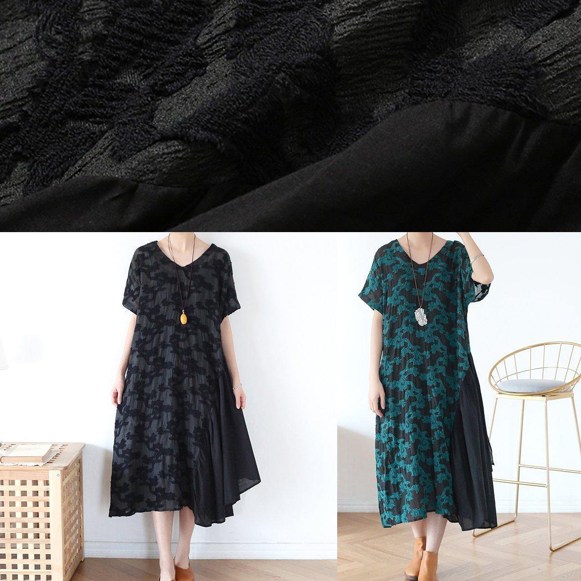 Beautiful v neck pockets tunic top design green print A Line Dresses - SooLinen