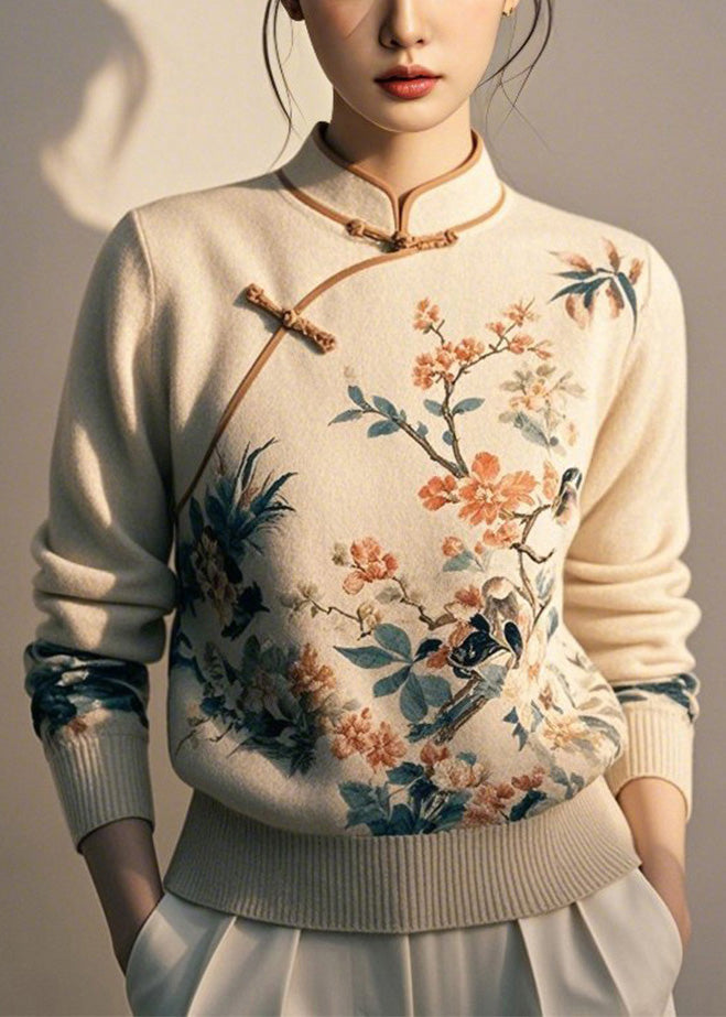 Beige Button Print Knit Sweaters Stand Collar Winter