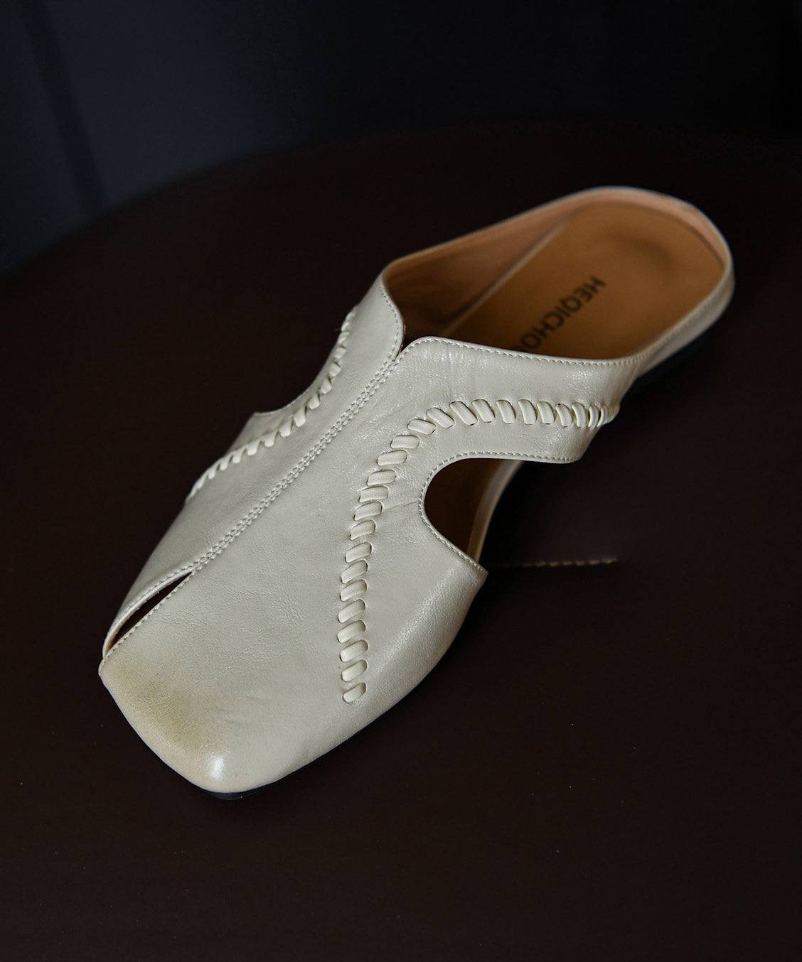 Beige Cowhide Leather Fashion Hollow Out Thong Sandals