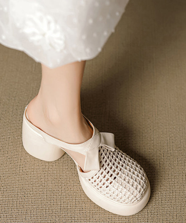 Beige Cowhide Leather Splicing Chunky Heel Slide Sandals Hollow Out