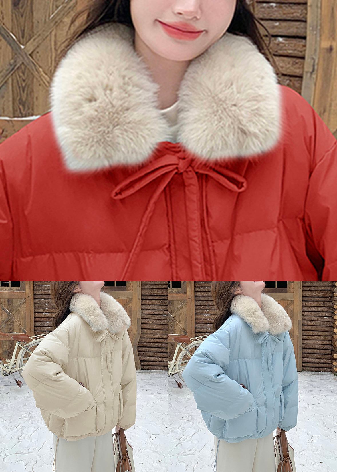 Beige Drawstring Patchwork Duck Down Down Coat Fur Collar