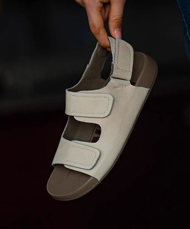 Beige Flat Sandals Cowhide Leather Women Peep Toe Hiking Sandals
