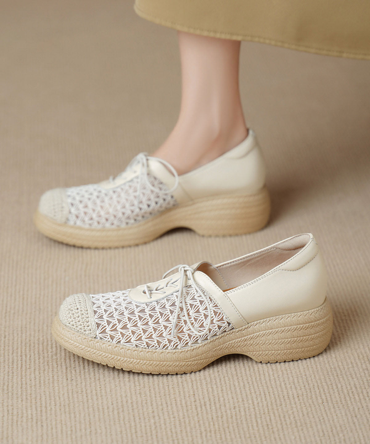 Beige Flat Shoes Sheepskin Boutique Splicing Flat Shoes For Women