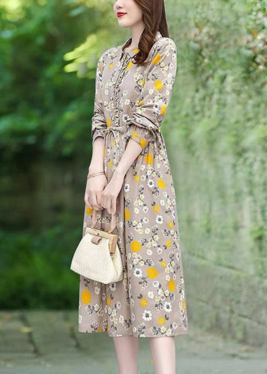 Beige Floral Print Cotton Long Dress Tie Waist Spring