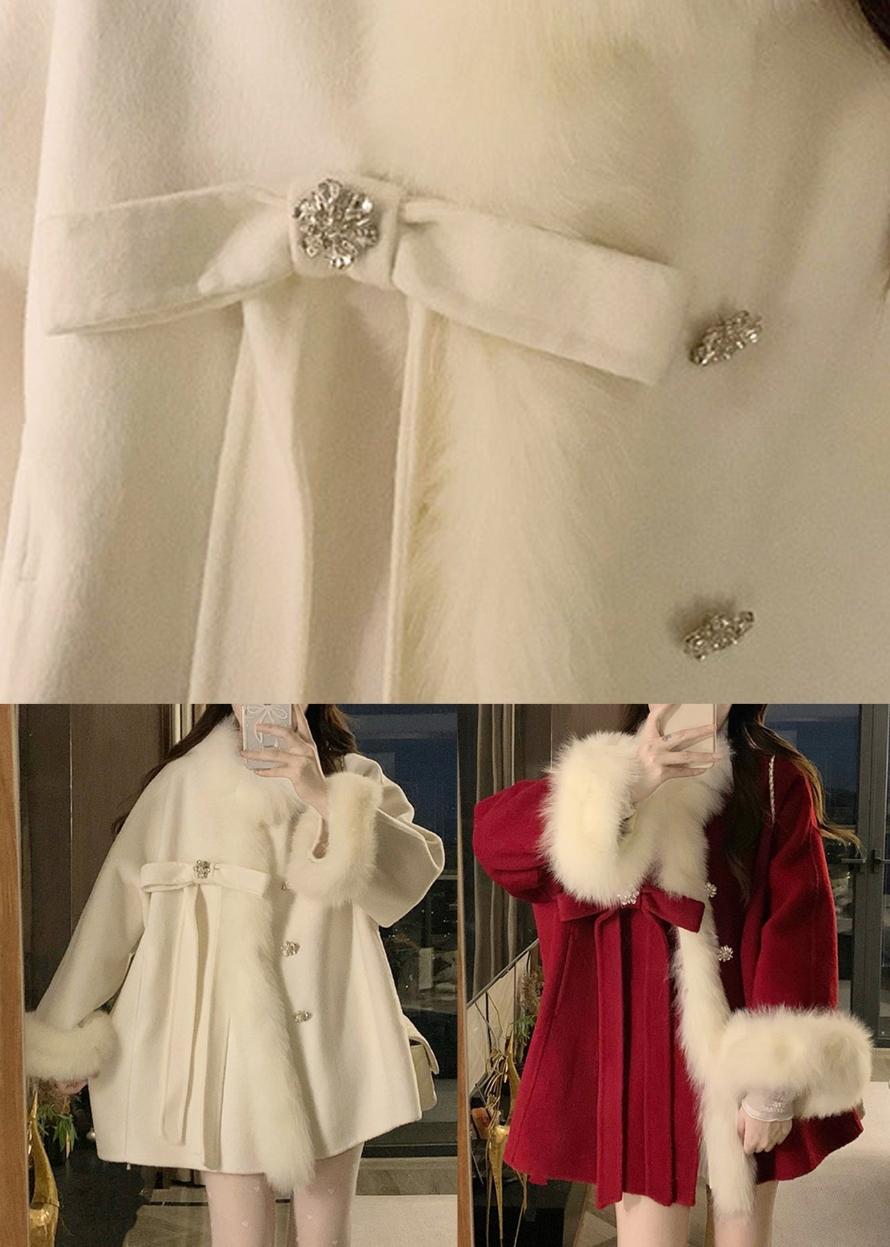 Beige Fox Collar Bow Thick Woolen Parka Winter