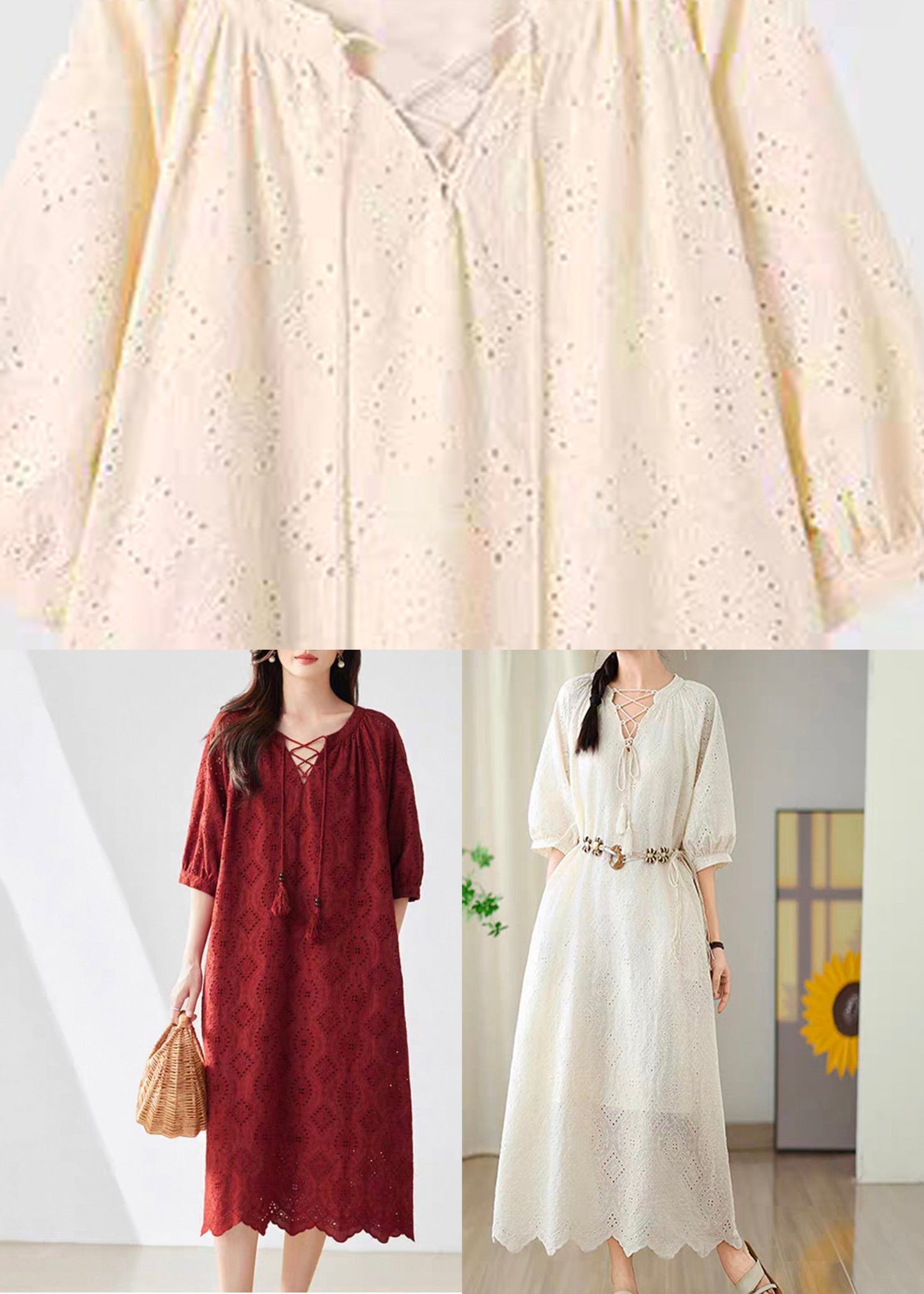 Beige Hollow Out Tassel Long Dress Short Sleeve