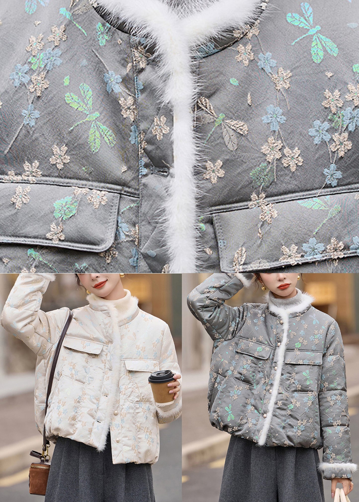 Beige Jacquard Duck Down Down Coat O Neck Pockets Winter