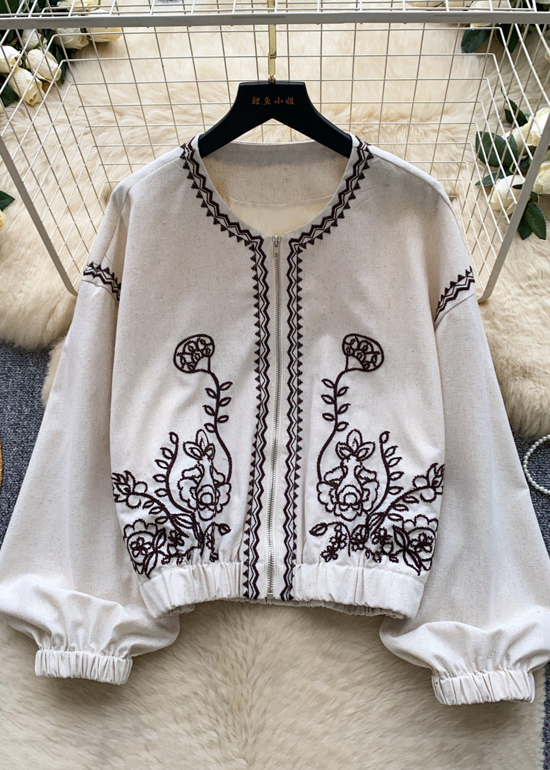 Beige Oversized Cotton Zippered Jackets Embroidered Fall