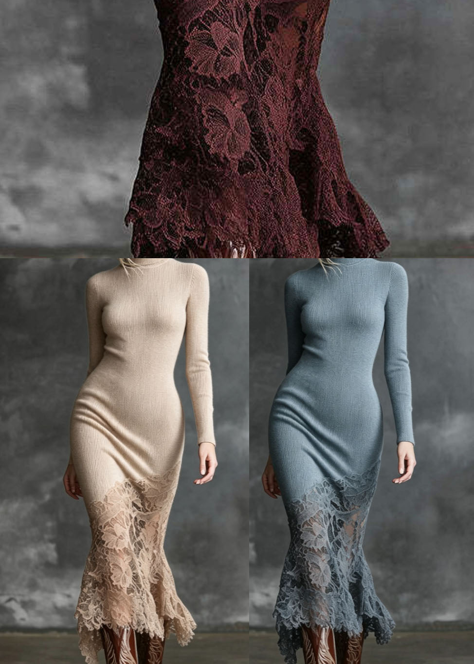 Beige Patchwork Lace Long Knit Dress High Neck Winter