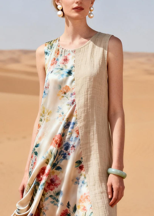 Beige Patchwork Linen Silk Dresses Asymmetrical Wrinkled Summer
