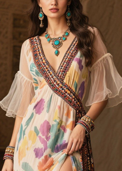 Beige Print Chiffon Holiday Dress Side Open Flare Sleeve