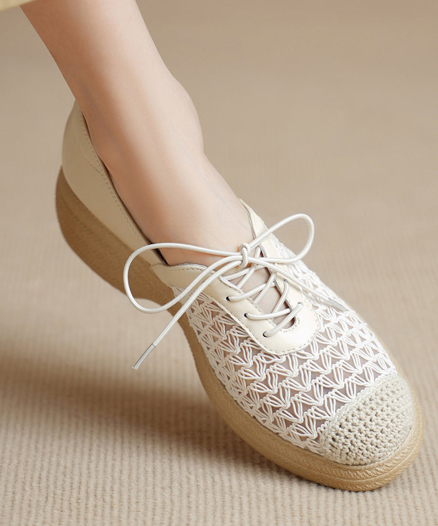 Beige Splicing Boutique Platform Loafers Hollow Out Lace Up
