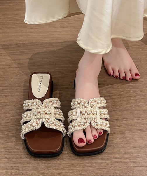 Beige Splicing Wedge Slide Sandals Nail Bead Peep Toe