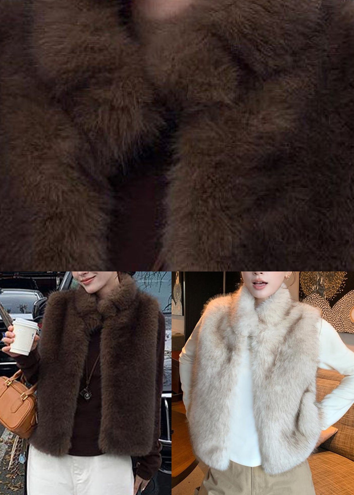 Beige Stand Collar Leather And Fur Waistcoat Winter