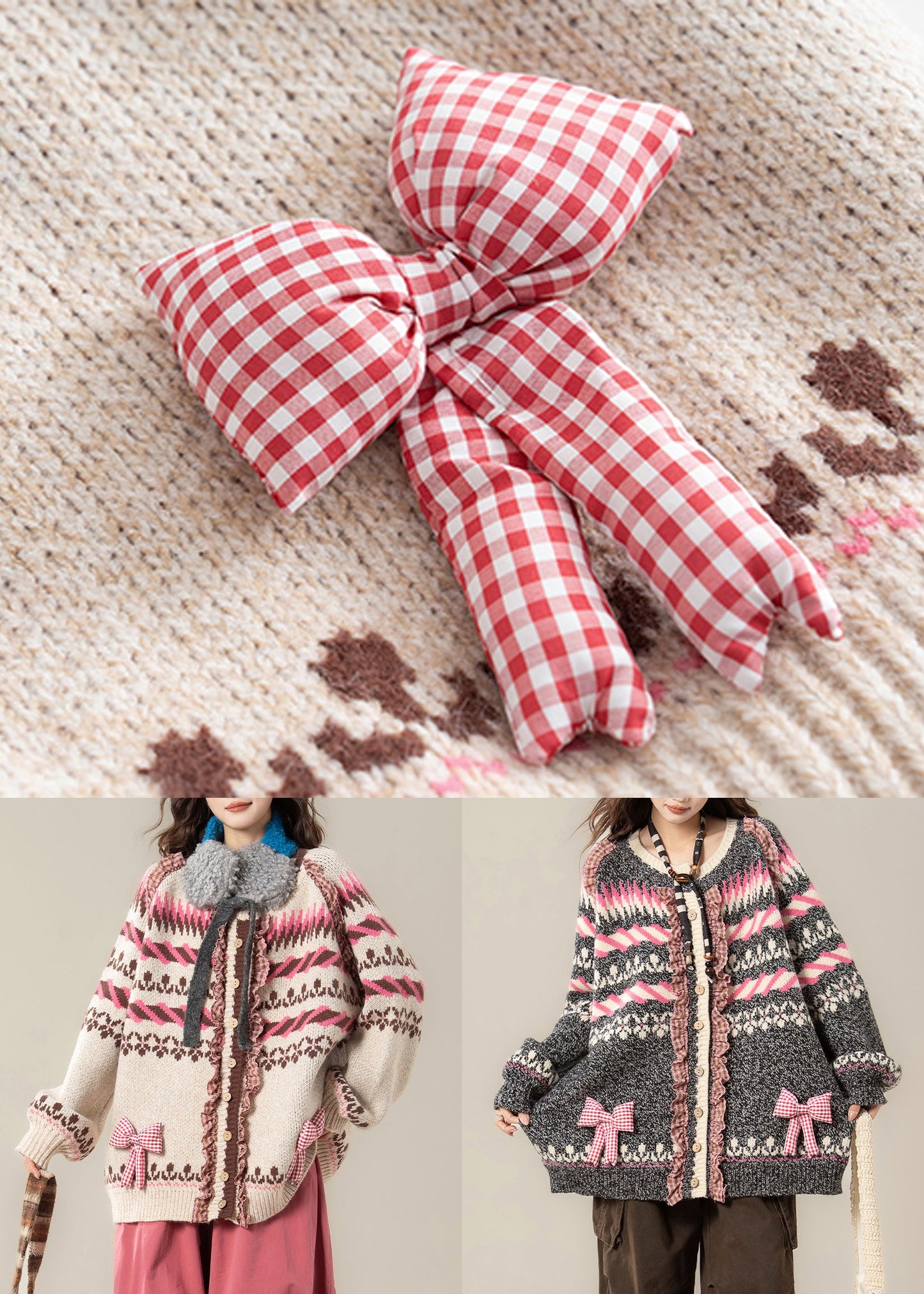 Beige Striped Button Patchwork Cozy Knit Coats Ruffled