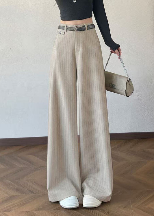 Beige Striped Draping Cotton Straight Pants Oversized Fall