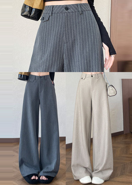 Beige Striped Draping Cotton Straight Pants Oversized Fall