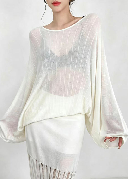 Beige White Sheer Knit Top O-Neck Batwing Sleeve