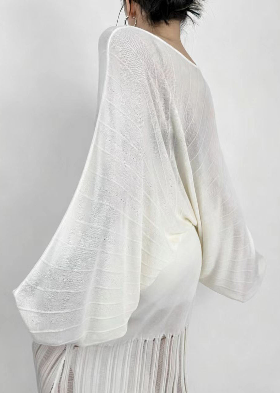 Beige White Sheer Knit Top O-Neck Batwing Sleeve