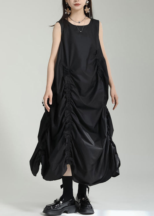Black Asymmetrical Design Wrinkled Long Dress Summer