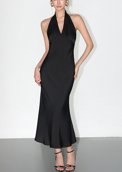 Black Backless Lace Up Silk Long Dress V Neck Summer