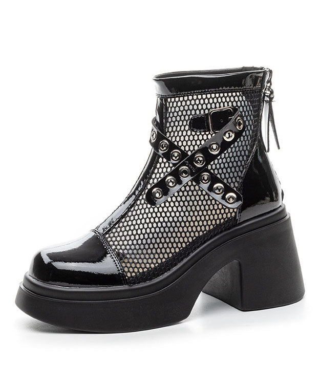 Black Boots Chunky Faux Leather Chic Splicing Boots