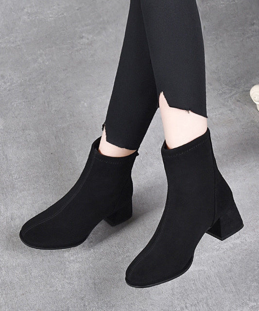 Black Boots Chunky Faux Leather Fitted Ankle Boots