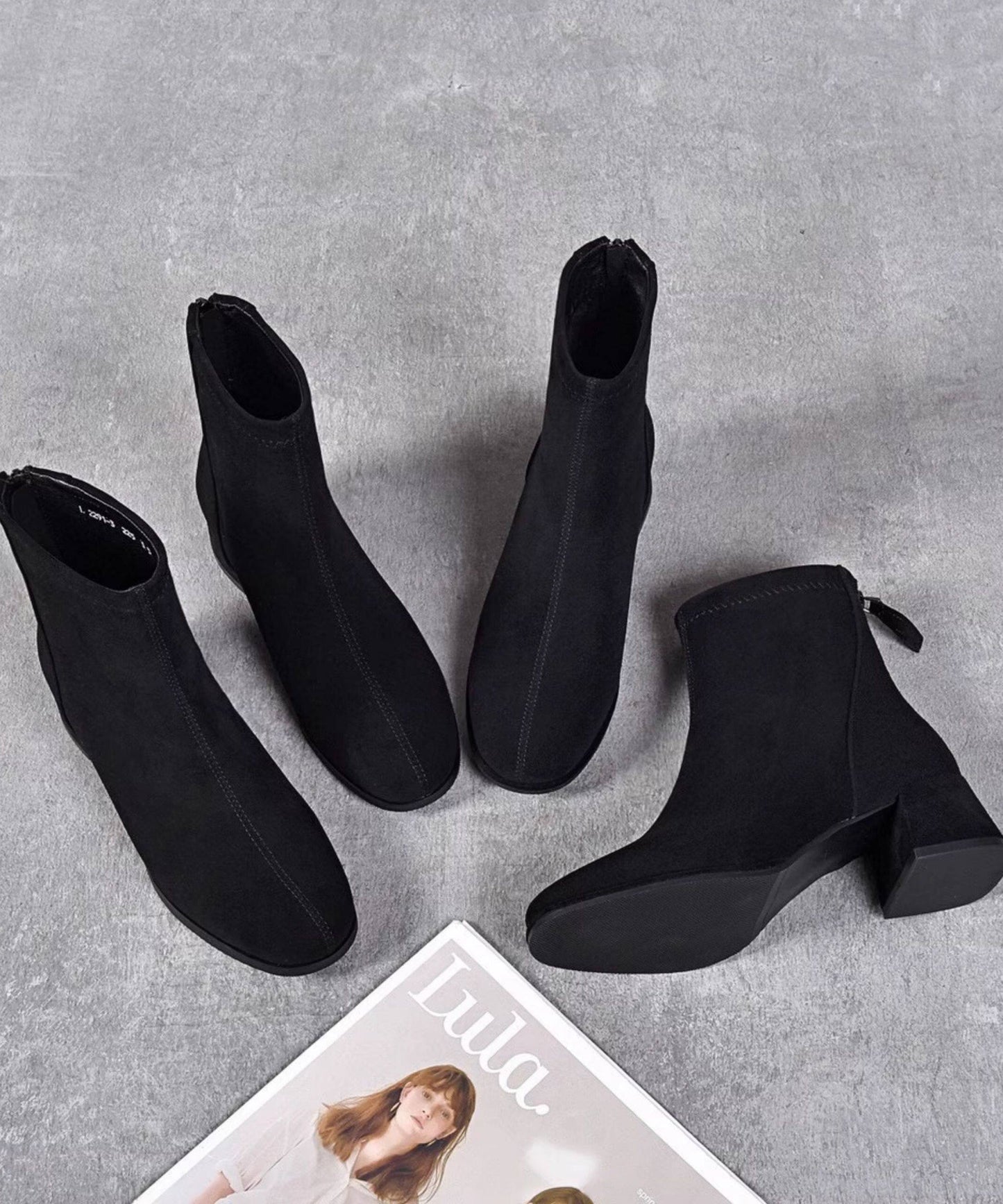 Black Boots Chunky Faux Leather Fitted Ankle Boots