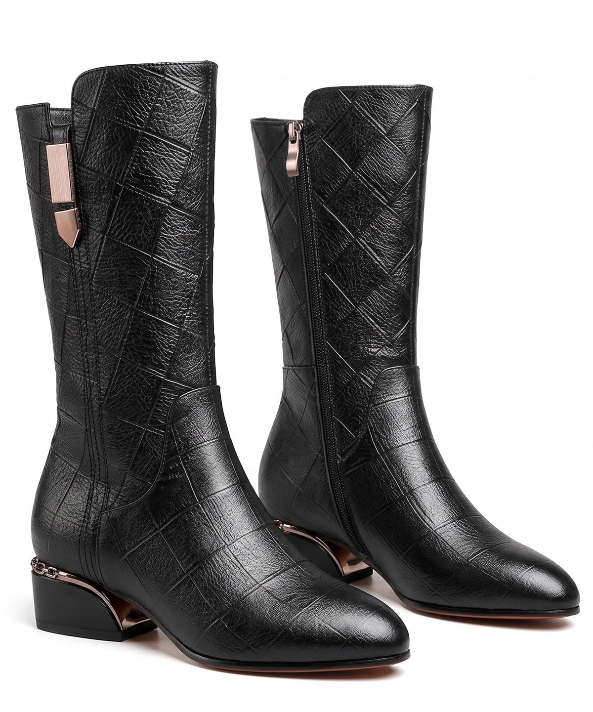 Black Boots Faux Leather Unique Warm Fleece Boots