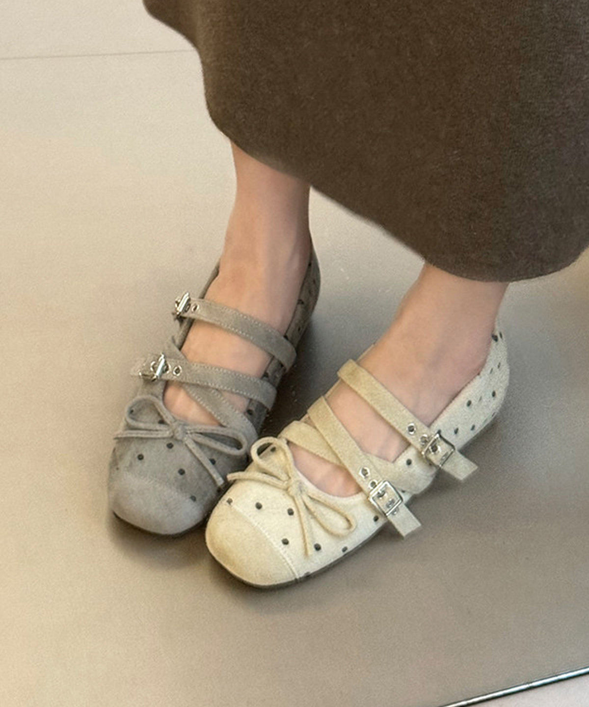 Black Bow Buckle Strap Splicing Flat Shoes For Women