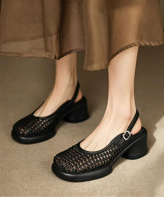 Black Buckle Strap Hollow Out Woven Chunky Genuine Leather High Heel Sandals