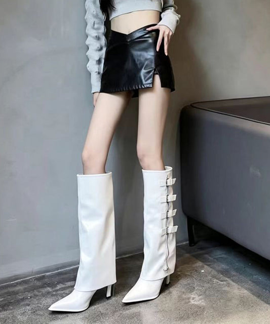 Black Buckle Strap Pointed Toe Stiletto Wide Leg Knee High Boots