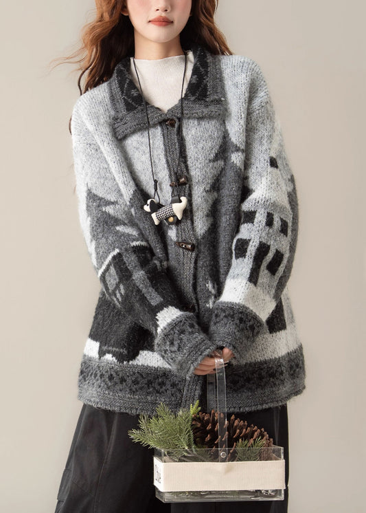 Black Button Jacquard Cozy Knit Coat Peter Pan Collar