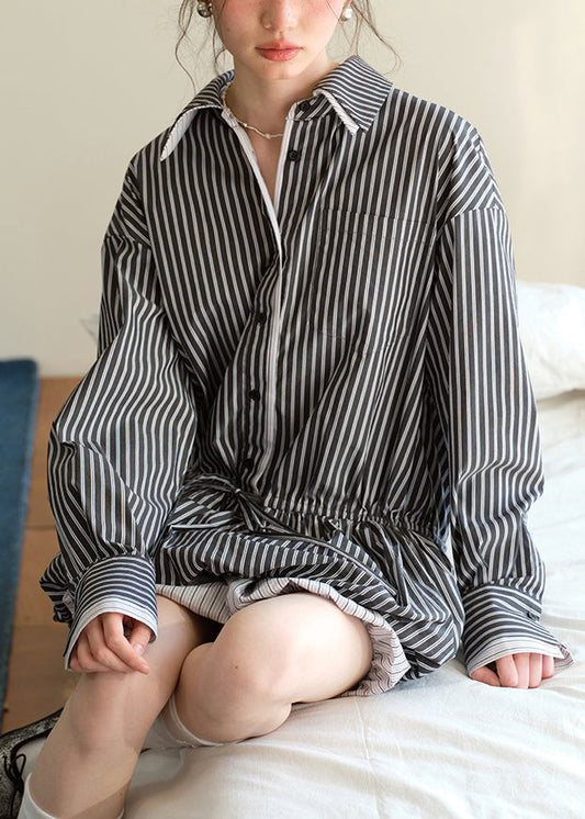 Black Button Lace Up Cotton Fall Shirt Dresses Peter Pan Collar