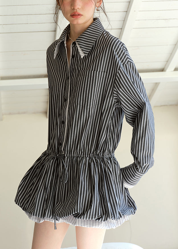 Black Button Lace Up Cotton Fall Shirt Dresses Peter Pan Collar